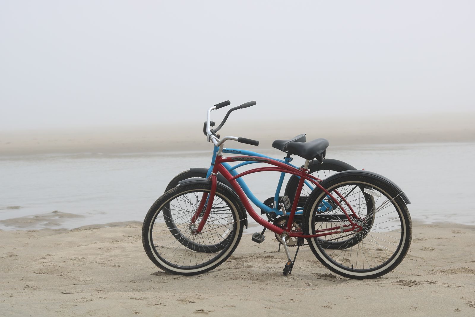 Two bicycles, one red and one blue, leaning together on a misty beach
