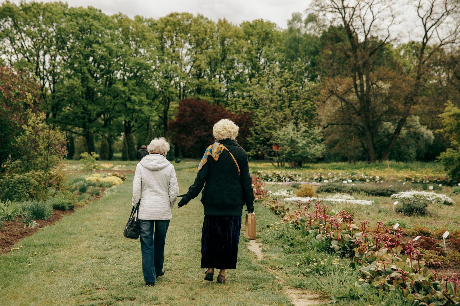 Two older women walking side by side along a garden path, seen from behind